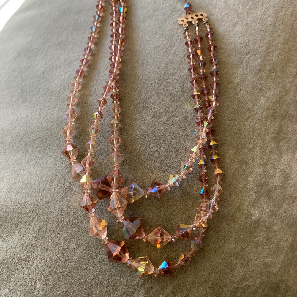 Vintage Amber Pink Aurora Borealis Three Strand Crystal Necklace
